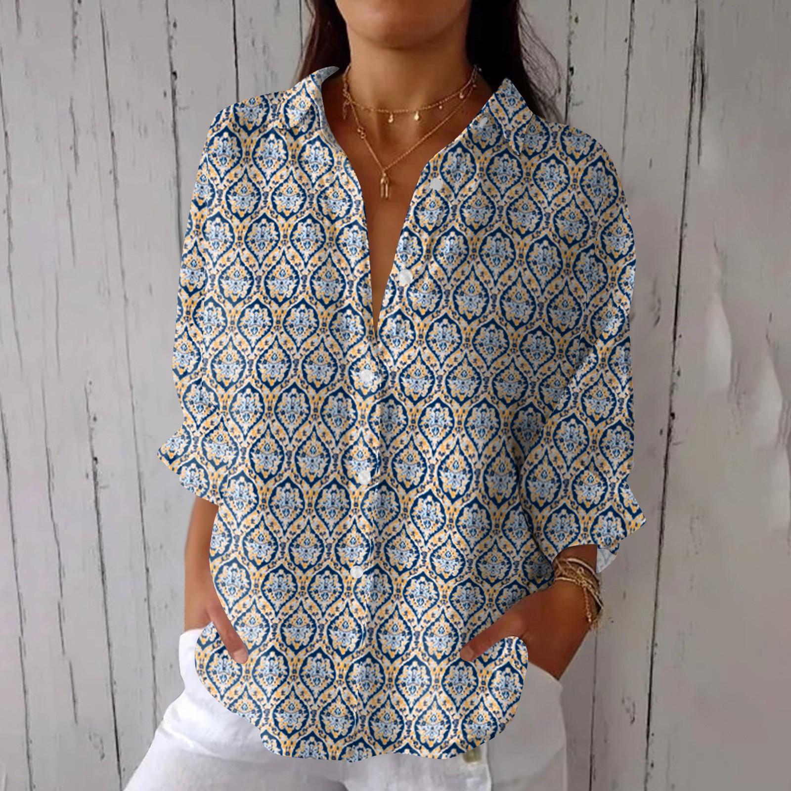 

Women s Fashion Seven Sleeve Casual Lapel Back Tie Shirt Printed T-Shirt Top S