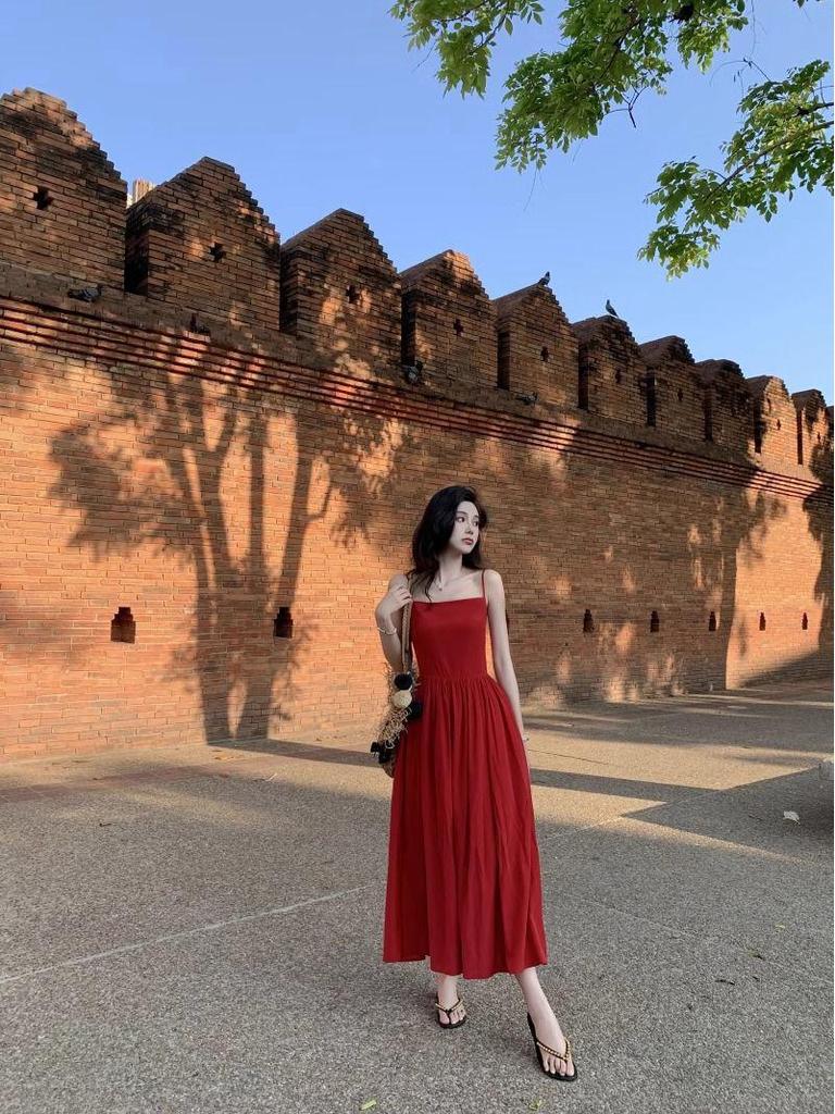 Women's Sexy Backless Red Slip Dress - Perfect for Beach Vacations and Photos
