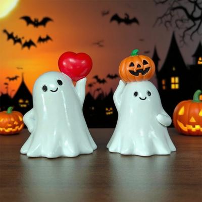 Halloween Ghost Figurine Cute Ghost Holding Heart/Pumpkin Statue Desktop Small Resin Ghost Ornament for Home Office Kitchen Tabletop Decor