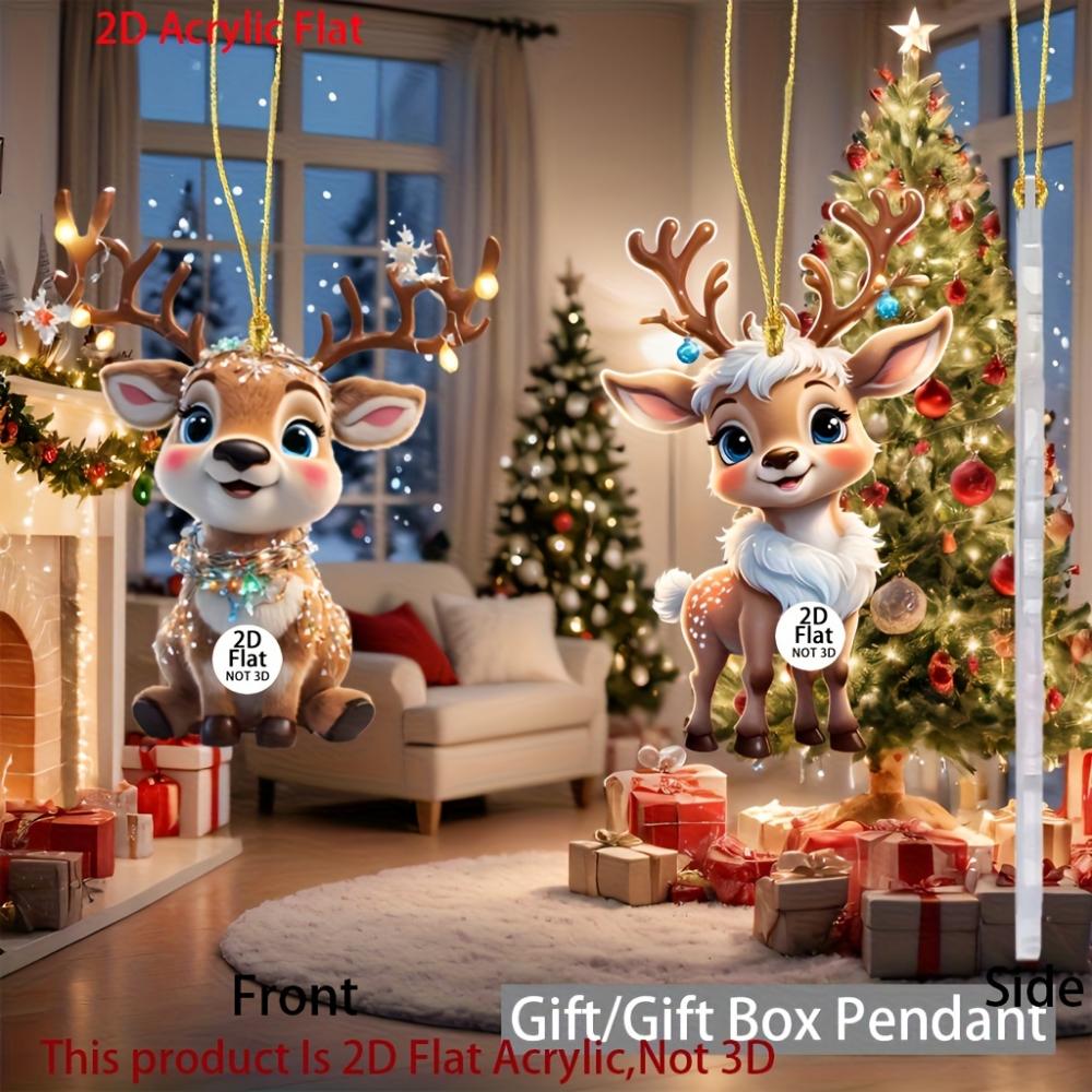 Cute Elk Baby with Christmas Lights Acrylic 2D Flat Pendant Christmas Tree Decoration  Pendant Car Rearview Mirror Pendant Holiday Decoration Pendant