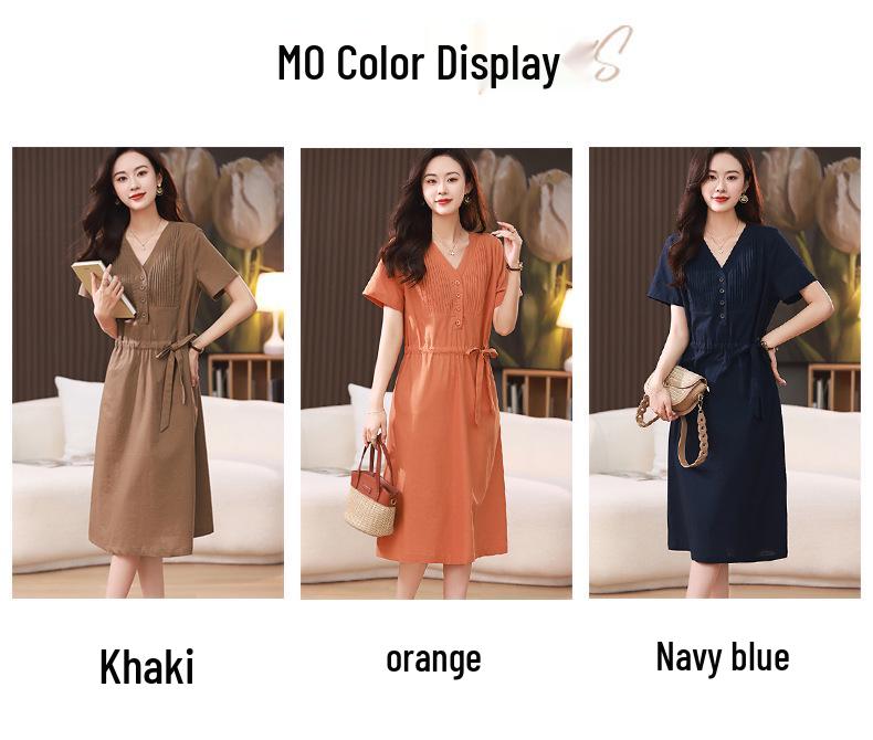 2025 Summer Mid-length V-neck Slimming Cotton Linen Dress for Middle-aged Women