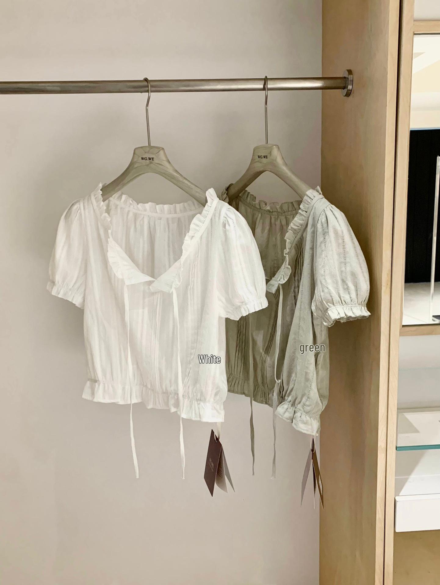 Spring/Summer Women s Puff Sleeve Lace-up Waist Cinching Cropped Shirt Medium белый