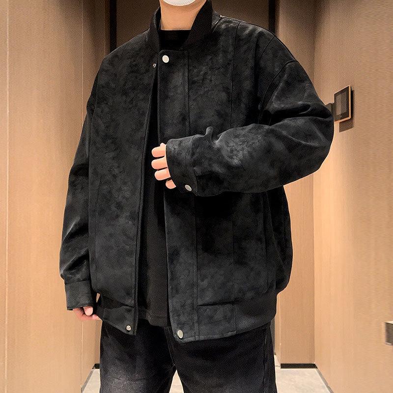 Leather Jacket Men's Casual Jacket Couple Style High Street Peach Skin Black Loose Versatile Spring and Autumn Jacket