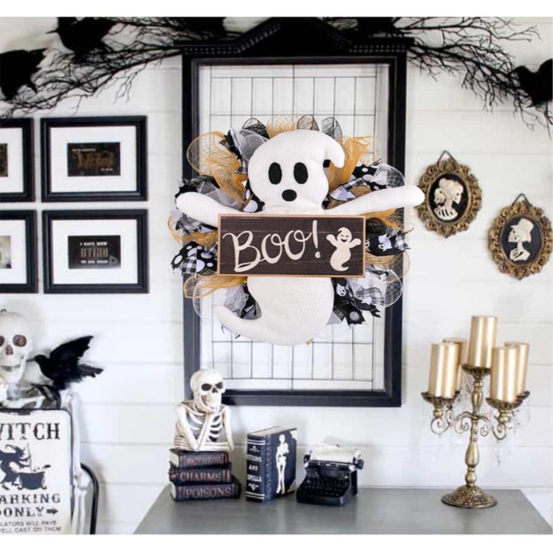Specter Wood Sign for Halloween Colorful Flower Wreath Festives Window and Wall Decoration Waterproof Door Ornament