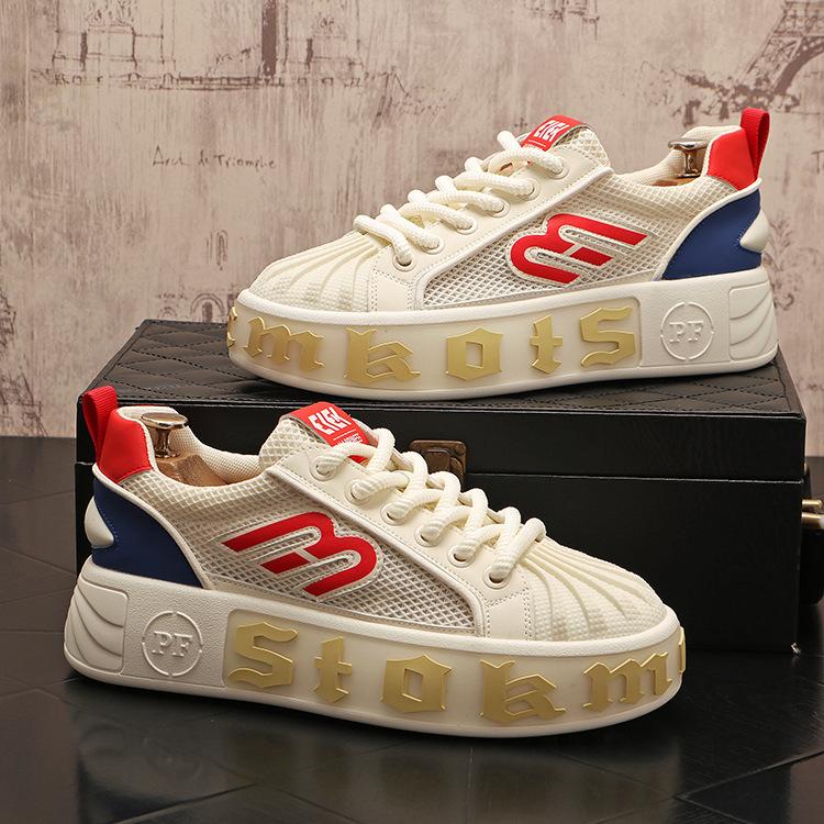 Summer Hollow Thick Sole Casual Breathable Men's Sports and Leisure Shoes New Comfortable and Trendy White Shoes