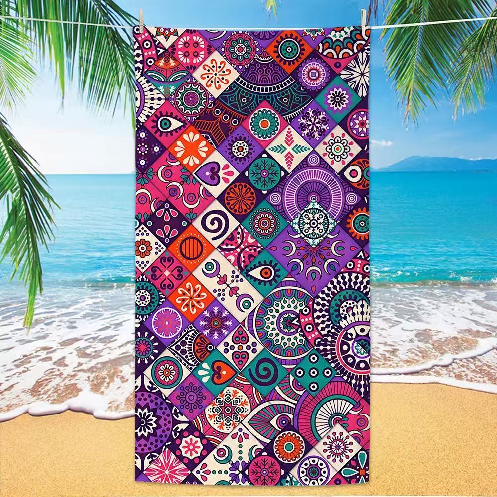 Blau-Lila Farbverlauf Mandala Strandtuch, Psychedelischer Blumendruck Schnelltrocknendes Handtuch für Festival