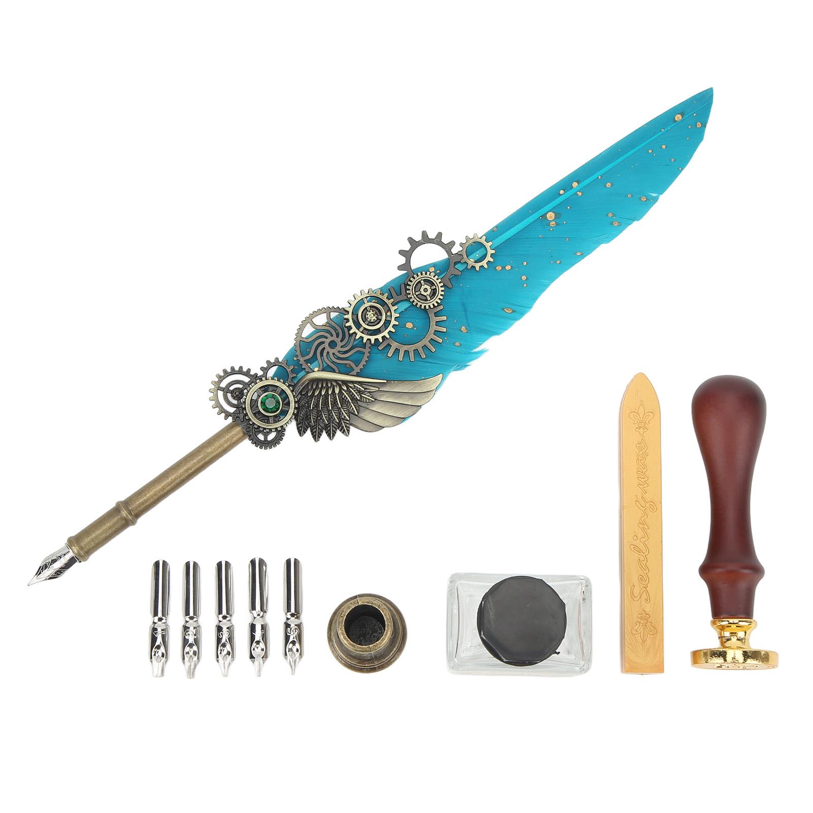 

Retro Pen Set Vintage Map Pattern Quill Pen Set with 5 Replacement Nibs Pen Stand Base Ink Empty Bottle for Writing