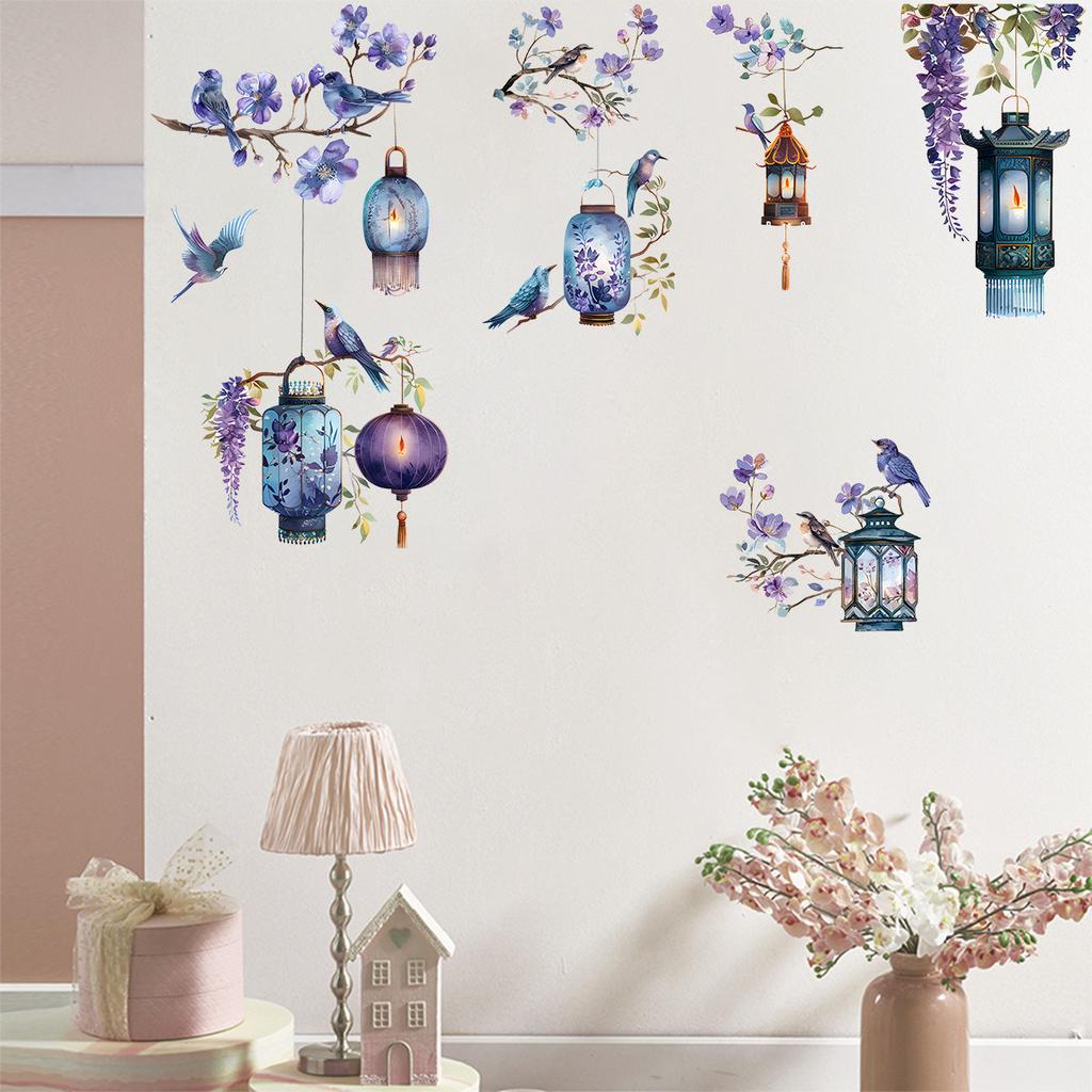 Wall Sticker Purple Flower Bird On Branch Decoration for Bedroom Living Room Background Self Adhesive Removable
