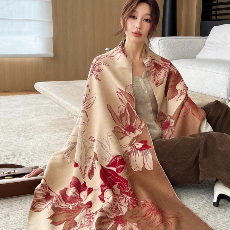 Autumn and winter magnolia floral imitation cashmere scarf thickened shawl fresh and sweet versatile cold-proof warm scarf