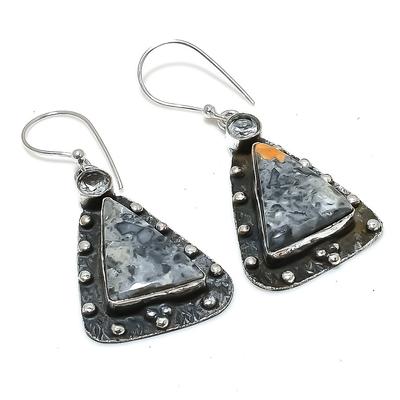 Natural Maligano Jasper,White Topaz Stone 925 Sterling Silver Earring 1.93" U6h43