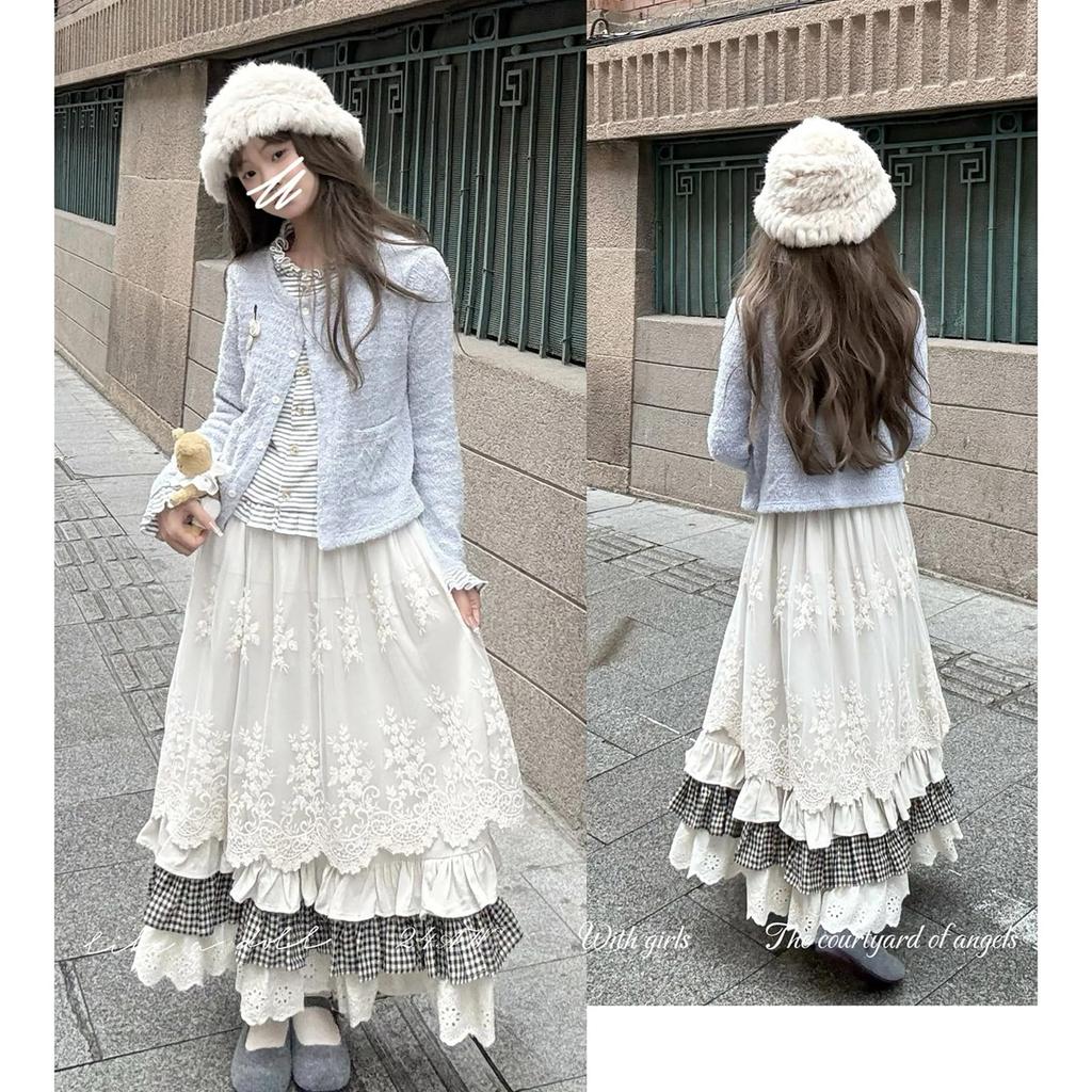 LAVASEON Cute Long Skirt with Lace and Floral and Embroidered Tiered Check Mori Girl High Winter Ruffles, Women's Mass-Produced School-Style Skirt,