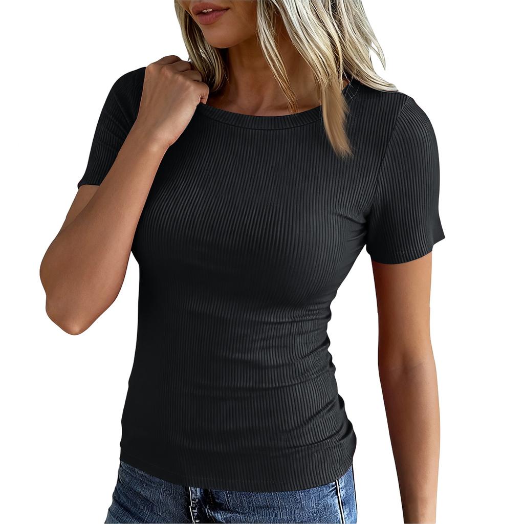 Ladies Slim Bottom T-shirt Fashion Casual Colour Round Neck Pullover Short Sleeve Top