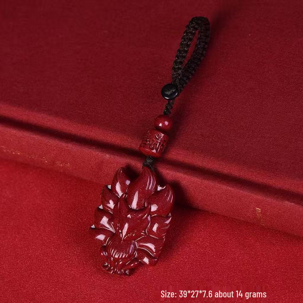 Cinnabar Zisha Red Nine-Tailed Fox Pendant Necklace & Keychain Charm
