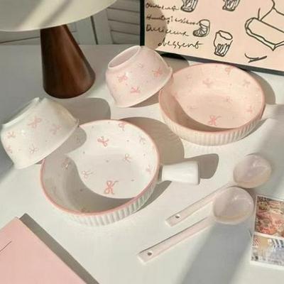 Bowl with Bowknot Ceramic Rice Bowl & Plate Set: Stylish Tableware