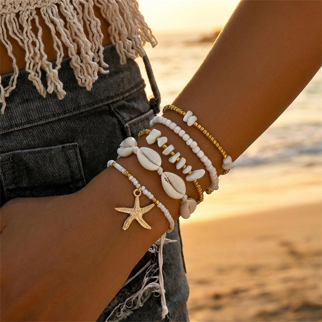 Fashion Multilayer Stacked Bracelets Set for Women Bohemian Shell Starfish Crystal Beaded Bracelet Summer Beach Party Jewelry