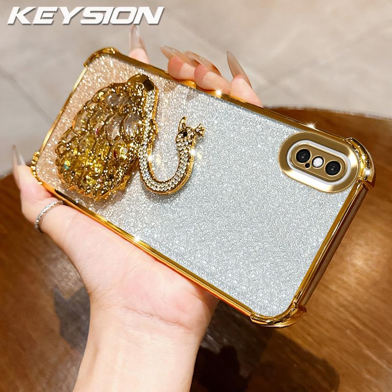 KEYSION Shockproof Plating Phone Case for iPhone XS Max Clear TPU Glitter Jewelled Swan Kickstand Back Cover for iPhone X XR