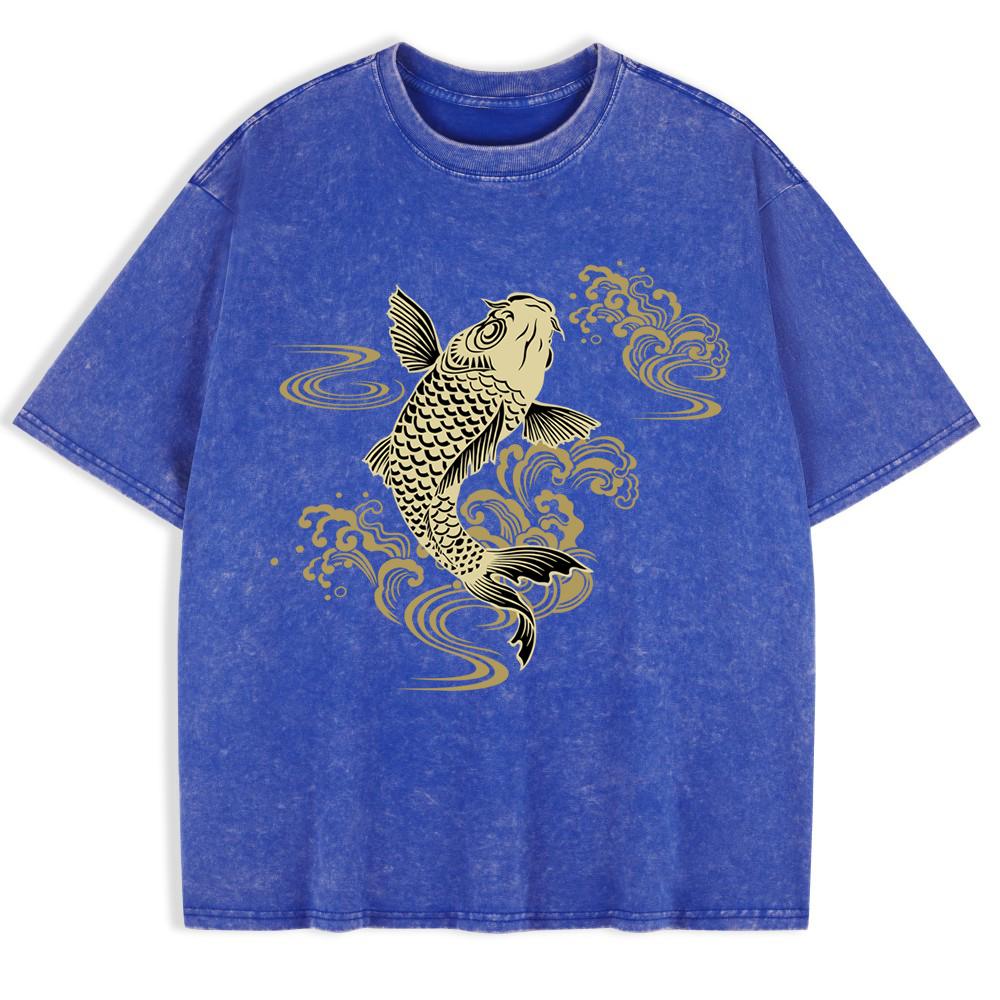 Paper Cut Koi Good Luck Prints Washed T-Shirts Mens Cotton Short Sleeve Tops Basic O-Neck Oversized T Shirt Clothes