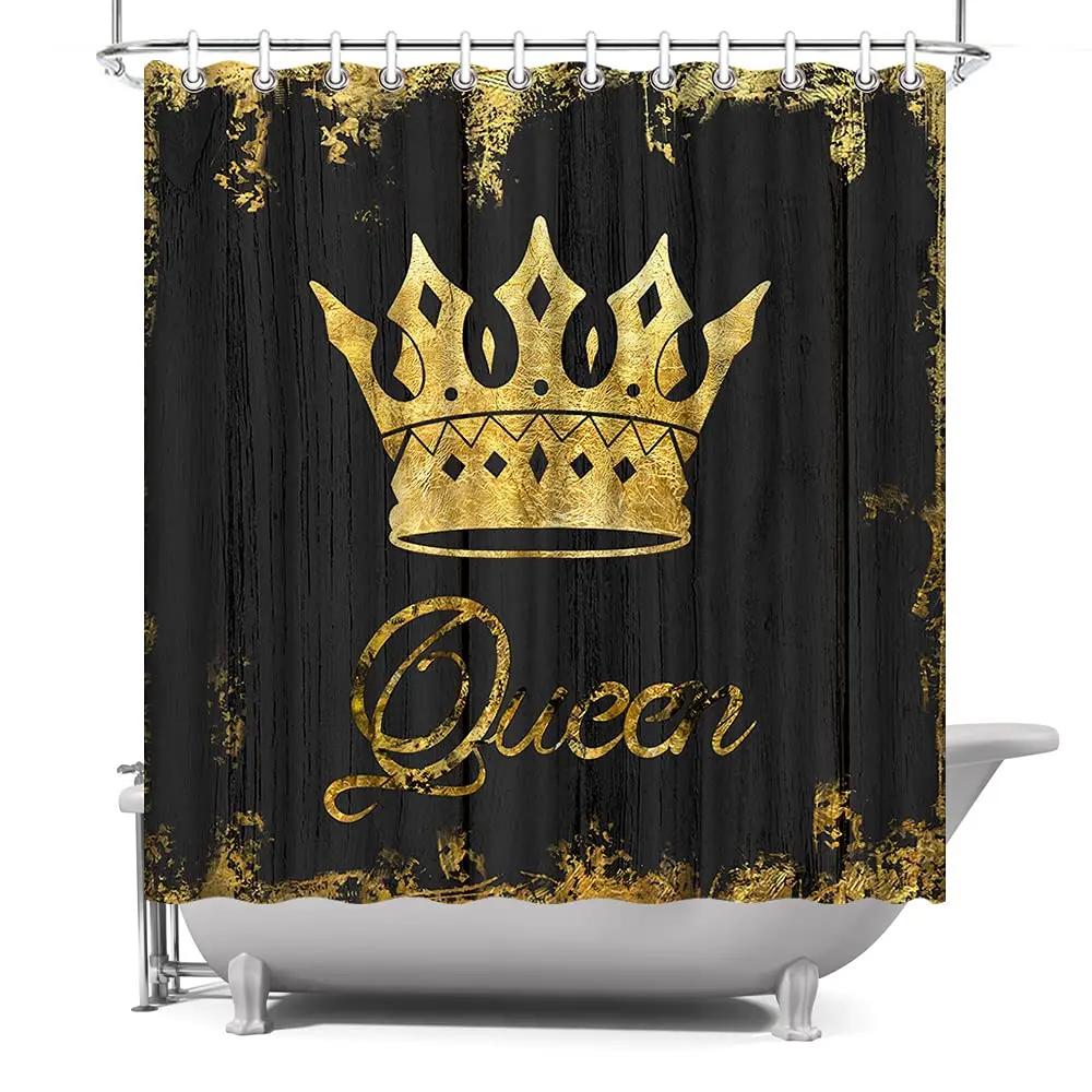 

Elegant Black And Gold Shower Curtain Crown With Queen Letter Bathroom Curtains For Women Men Waterproof Fabric Include 12 Hooks W60H190(CM)-1 Pcs