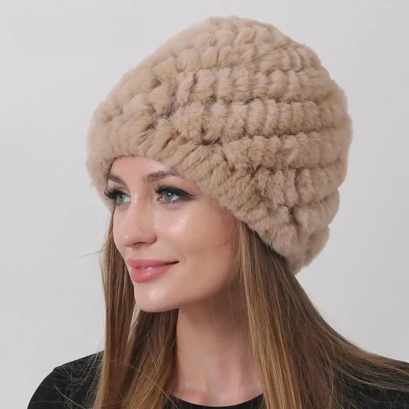New Warm Real Fur Hat Winter Women Rex Rabbit Fur Thick Double Layer Lining Outdoor Women Beanie Cap Pineapple Round Hats