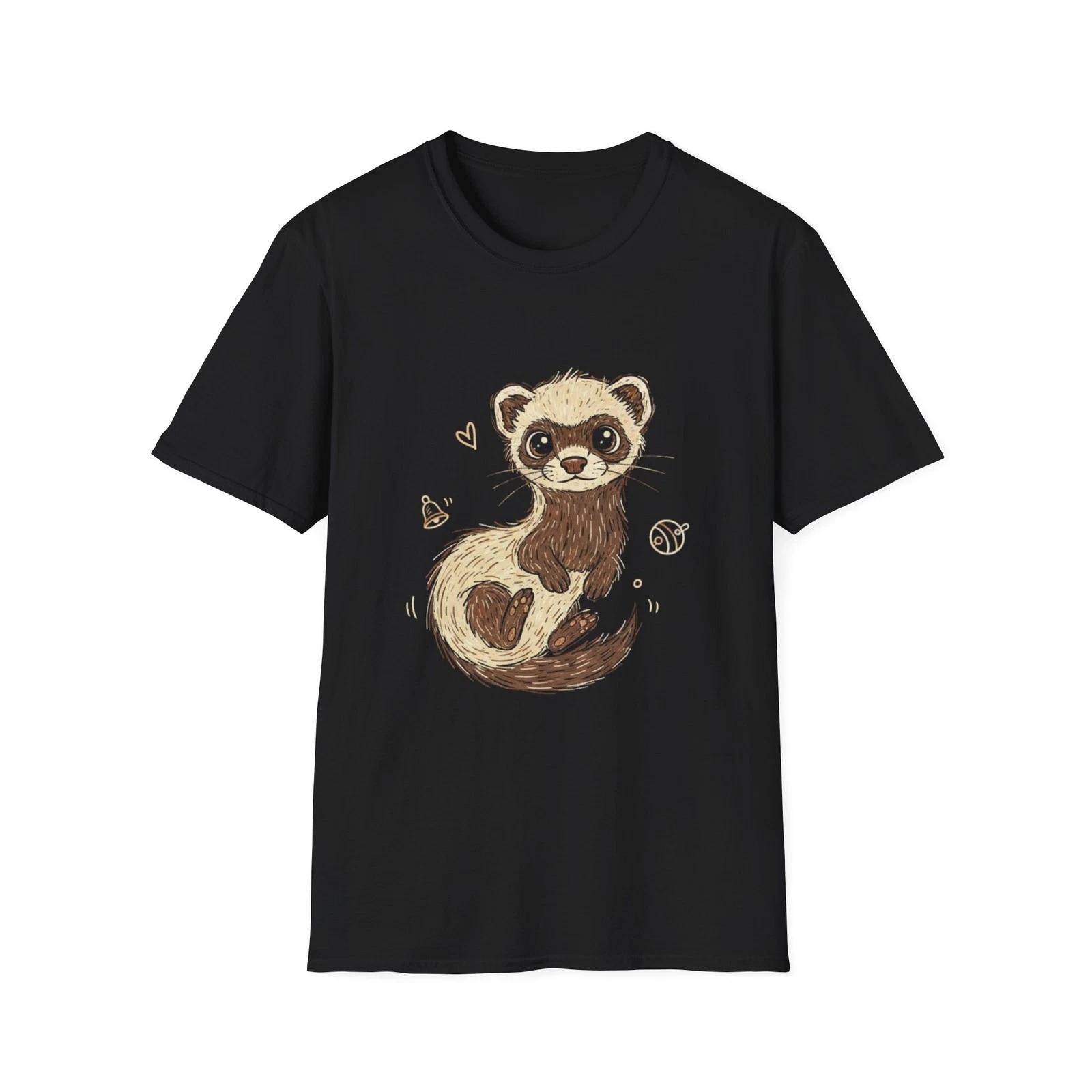 Ferret Cute Hand-Drawn Illustrated Black Tee Kawaii Graphic T-Shirt 2XL