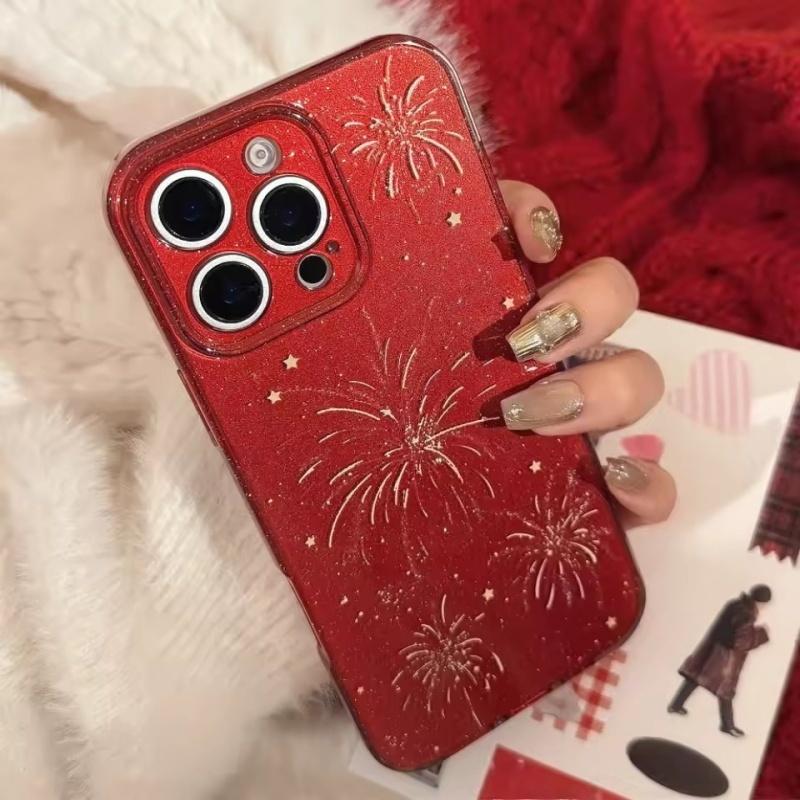 Luxury Bling Glitter Firework Pattern Case for 17 16 Pro Max 15 14 13, New Year Xmas Gift Red All-inclusive Protective Cover