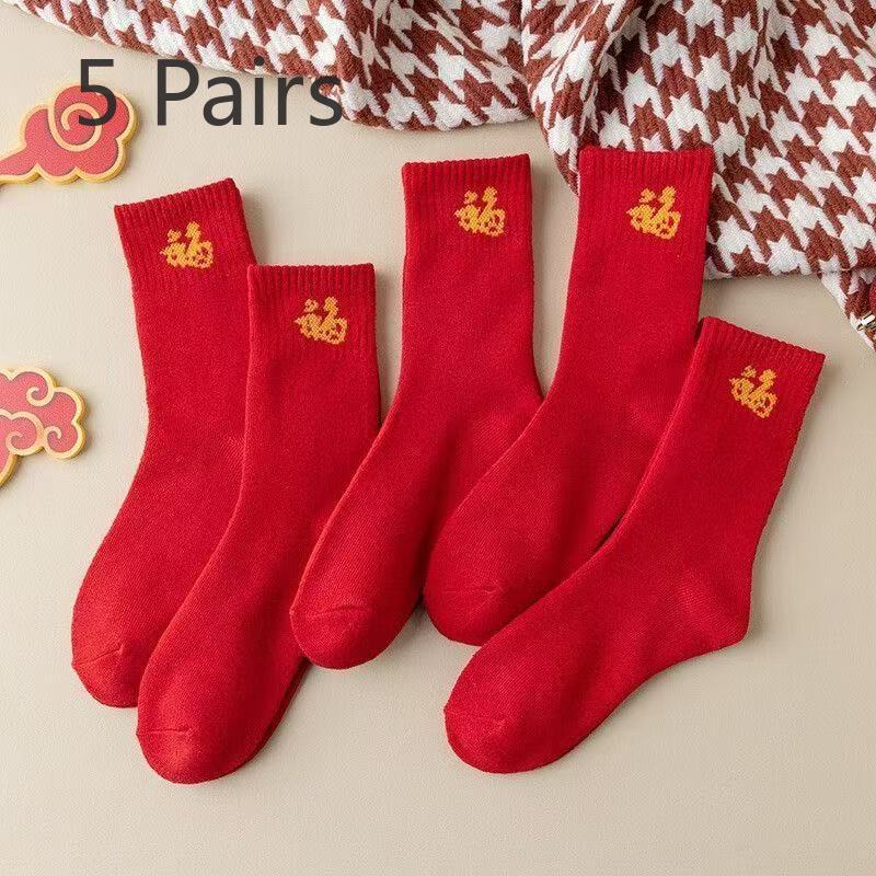

5 пар зимних красных носков, новогодние носки до середины икры для мужчин и женщин, с флисом и утолщенными петлями, носки на удачу и ярко-красные носки 5 pairs красный