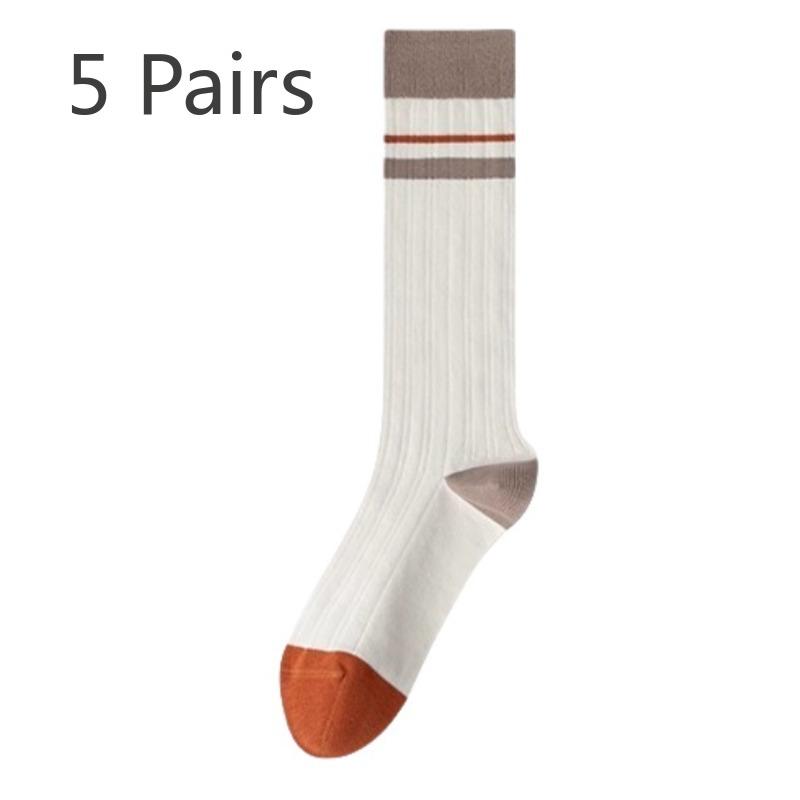 

5 Pairs of Women s Spring and Autumn Style Retro Striped Thin Warm Pure Cotton Sports Long Socks 5 Pairs белый