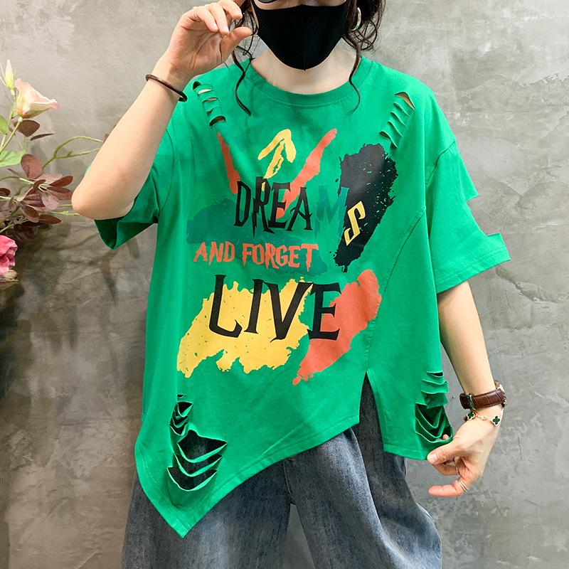 

Разорванная нестандартная блузка, модная свободная повседневная футболка с короткими рукавами и забавным граффити с буквами для женщин One size зелёный