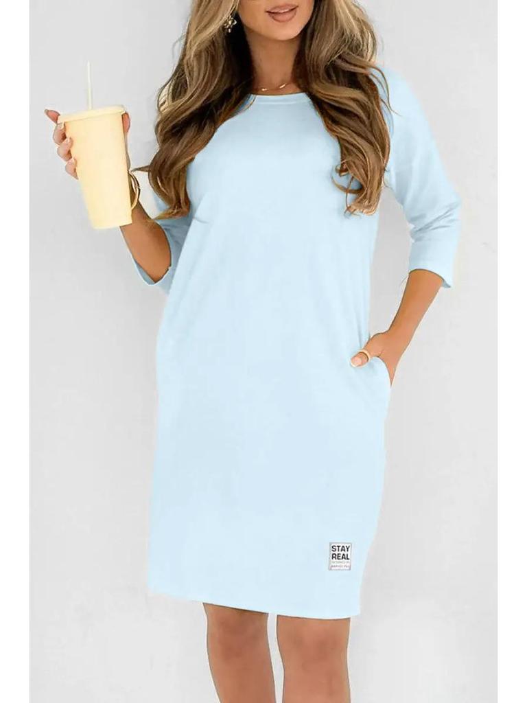2025 Summer Women's Solid Color Long Sleeve Loose Casual Dress with Round Neck