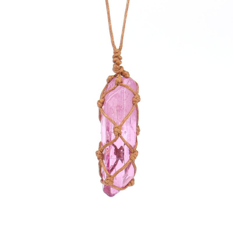 Natural Stone Crystal Column Mesh Pocket Hand-Woven Necklace Pendant, Adjustable N562 pure natural