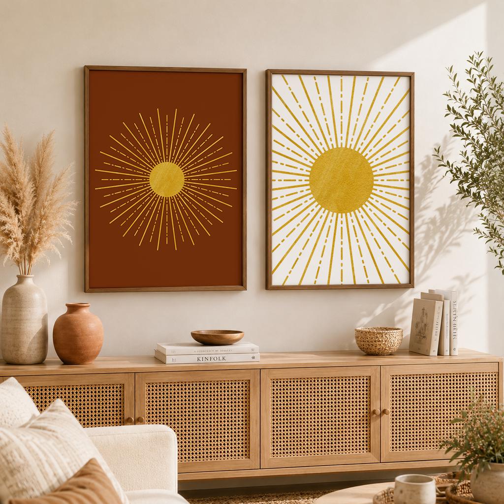 Boho Abstract Wall Art, Nordic Sun Canvas Paintings, Minimalist Sunburst Poster Prints for Living Room Bedroom Wall Decor