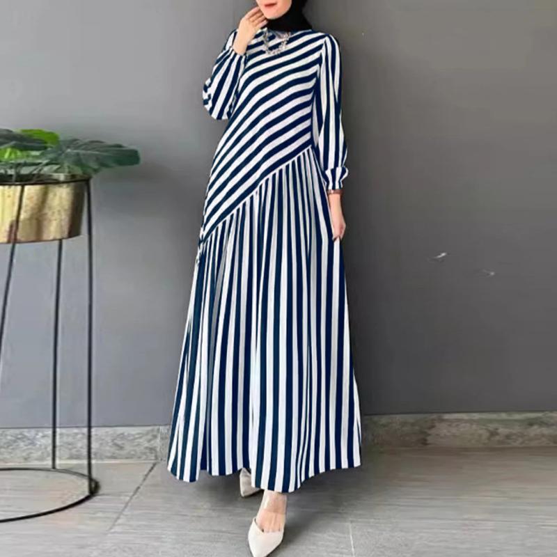 

ZANZEA Женское повседневное платье с круглым вырезом, длинными рукавами, свободного кроя, в стиле ретро, с принтом в полоску 5XL тёмно-синий