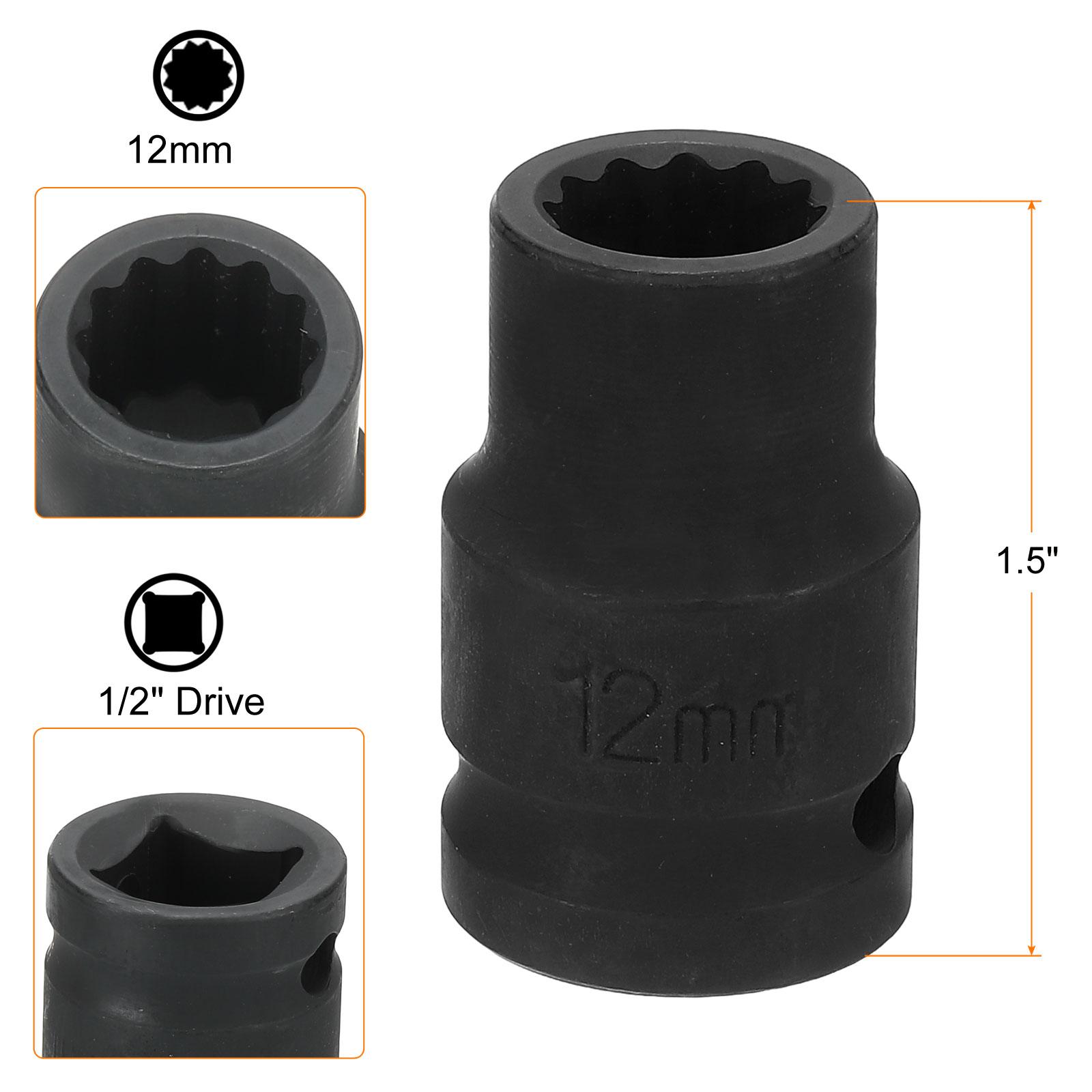 12-Point Impact Socket 1/2 Inch Drive 10-24mm Metric Cr-V Shallow Impact Socket Nut Driver Wrench for Auto Repair