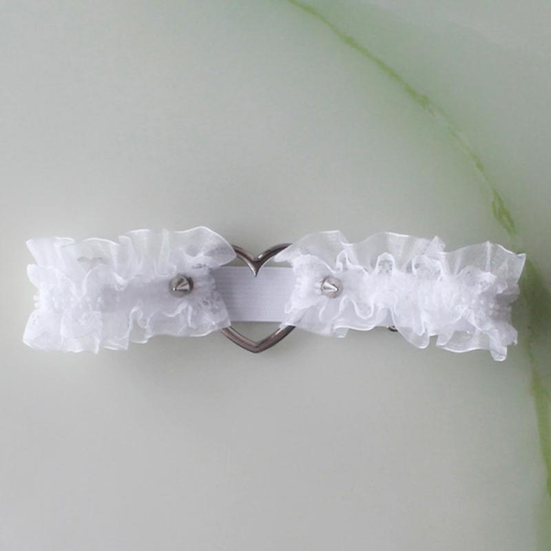 Damen Strumpfband mit Rüschen, Spitze, Metallherz, für Hochzeiten, Beingeschirr, Gothic, Punk, Kawaii, dehnbar, Oberschenkelring, Clubwear