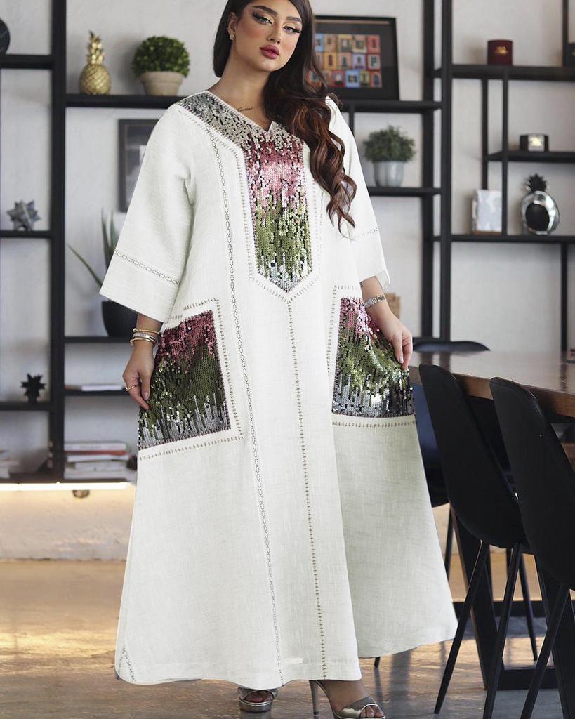 Dubai Sequin Embellished Jalabiya - Eid Muslim Women's Long Robe