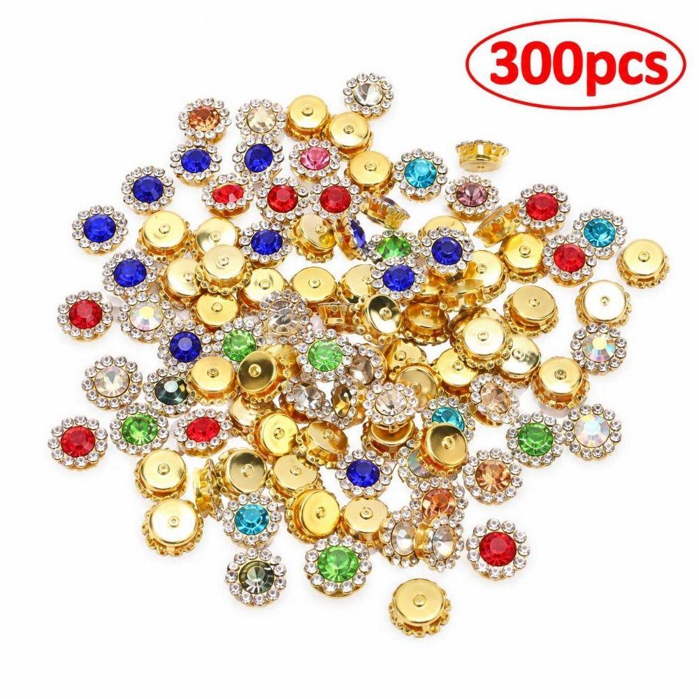 300pcs Assorted Color Rhinestone Buttons Gold Tone Base Flower Rhinestones For Jewelry Making
