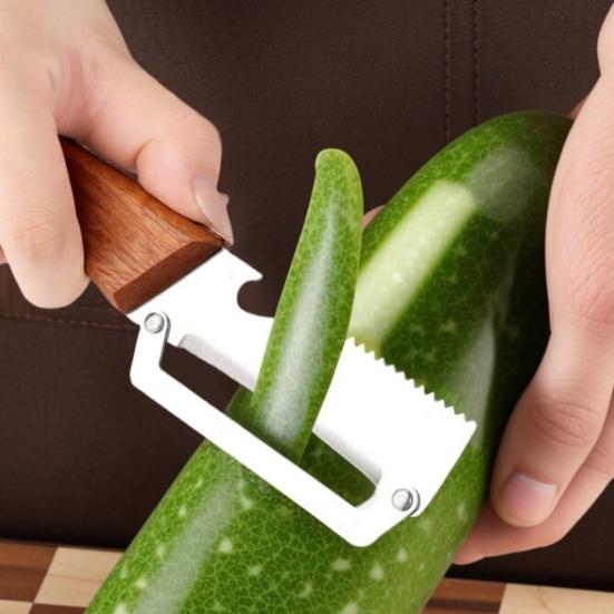 Vegetable Peeler with Wooden Handle Stainless Steel Sharp Blade Peeler 2-in-1 Bottle Opener Kitchen Peeling Utensil
