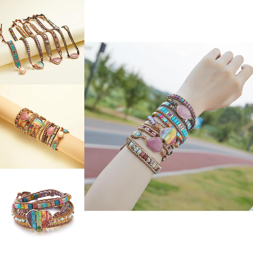 Ethnic Style Three Layer Winding Leather Jewelry With Colorful Crystal Chips For Fashion Wear