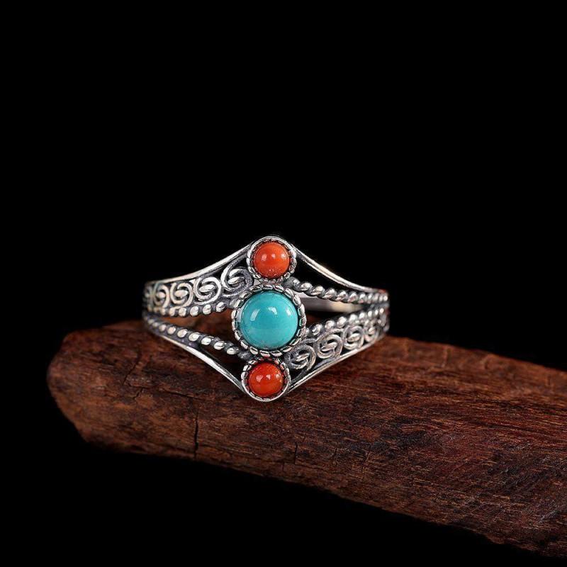 Adjustable Vintage Copper Ring With Turquoise Red Agate Inlay Hollow Carved Floral Ethnic Style Women Men