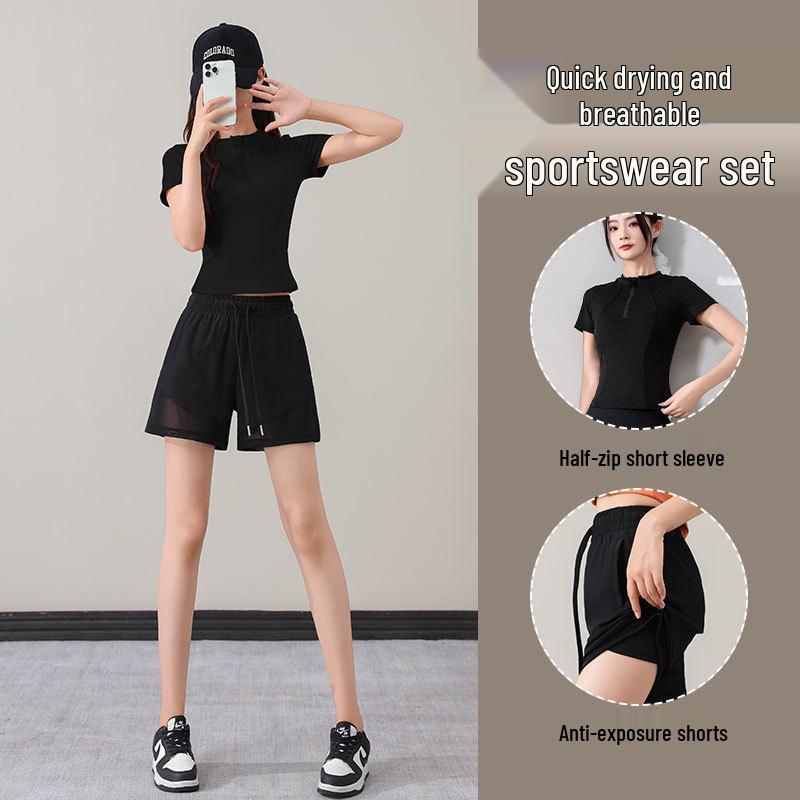

Women s Summer 2025 Quick-Dry Casual Black Fitness Yoga Top & Shorts Set L