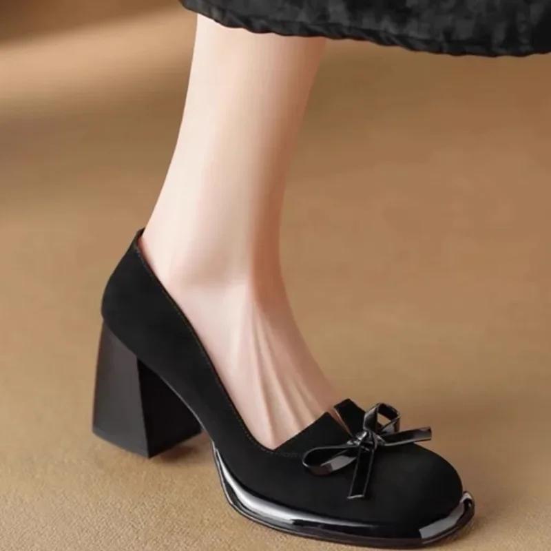 2024 Women Spring Pumps Chunky High Heels Shoes for Ladies New Bows Suede Heels Women Brown Platform Square Toe Zapatos