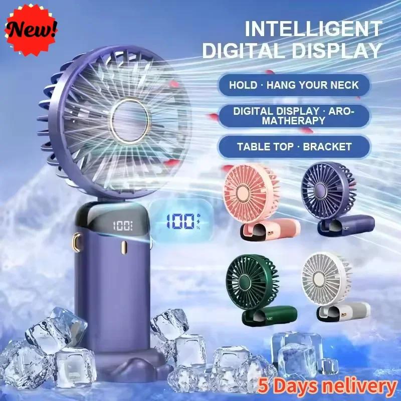 New USB Foldable Handheld Mini Fan Portable Neck Hanging Fans 5 Speed USB Rechargeable Fan with Phone Stand and Display Screen