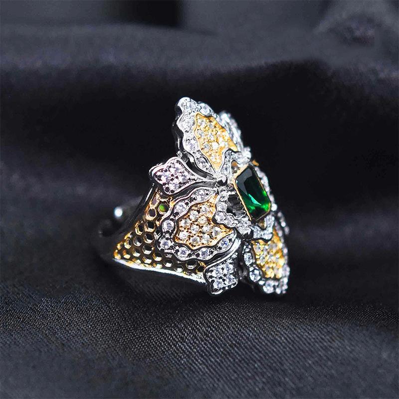 Weave Engraved Gold Imitation Emerald Suit Lace Hollow Filament Ring Long Earrings Green Diamond Necklace