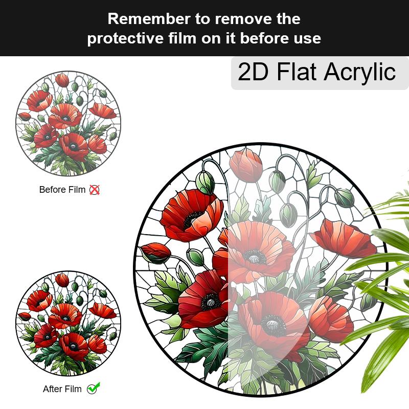 Acrylic Red Poppy Flowers Suncatcher, Stained Glass Style Window Hanging Ornament for Garden and Floral Art Lovers