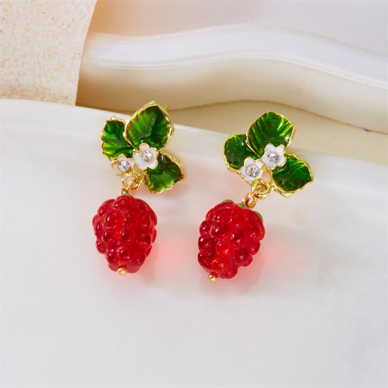 Sweet Cute 3D Resin Raspberry Drop Earrings for Women Enamel Green Leaves Red Strawberry Earring Girls Daily Wear Jewelry Gift