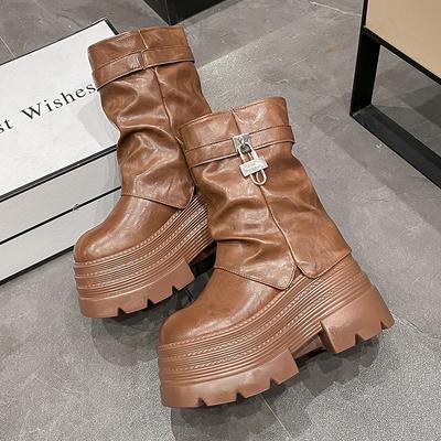 Mode 10CM Hakken Dames Herfst Winter Leer Enkellaarsjes Chunky Platform Combat Boots Nieuwe Antislip Motorlaarzen Vrouw Punk Laarzen
