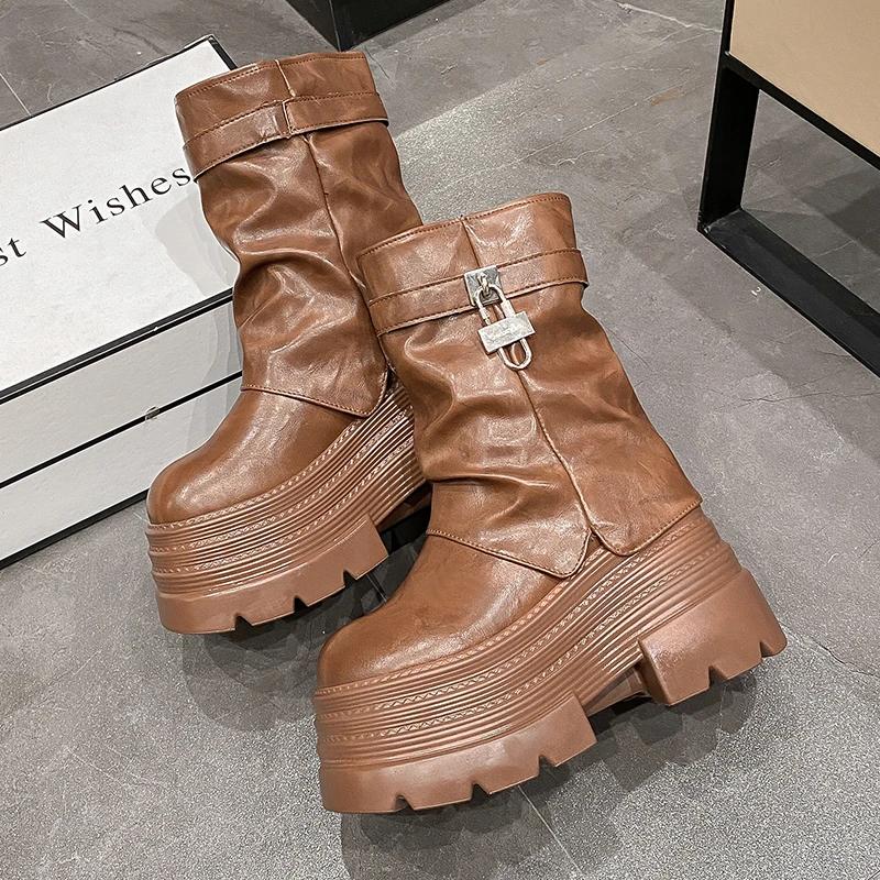 10CM Heels Women's Autumn Winter Leather Ankle Boots Chunky Platform Combat Boots New Non Slip Motorcycle Shoes Woman Punk Boots