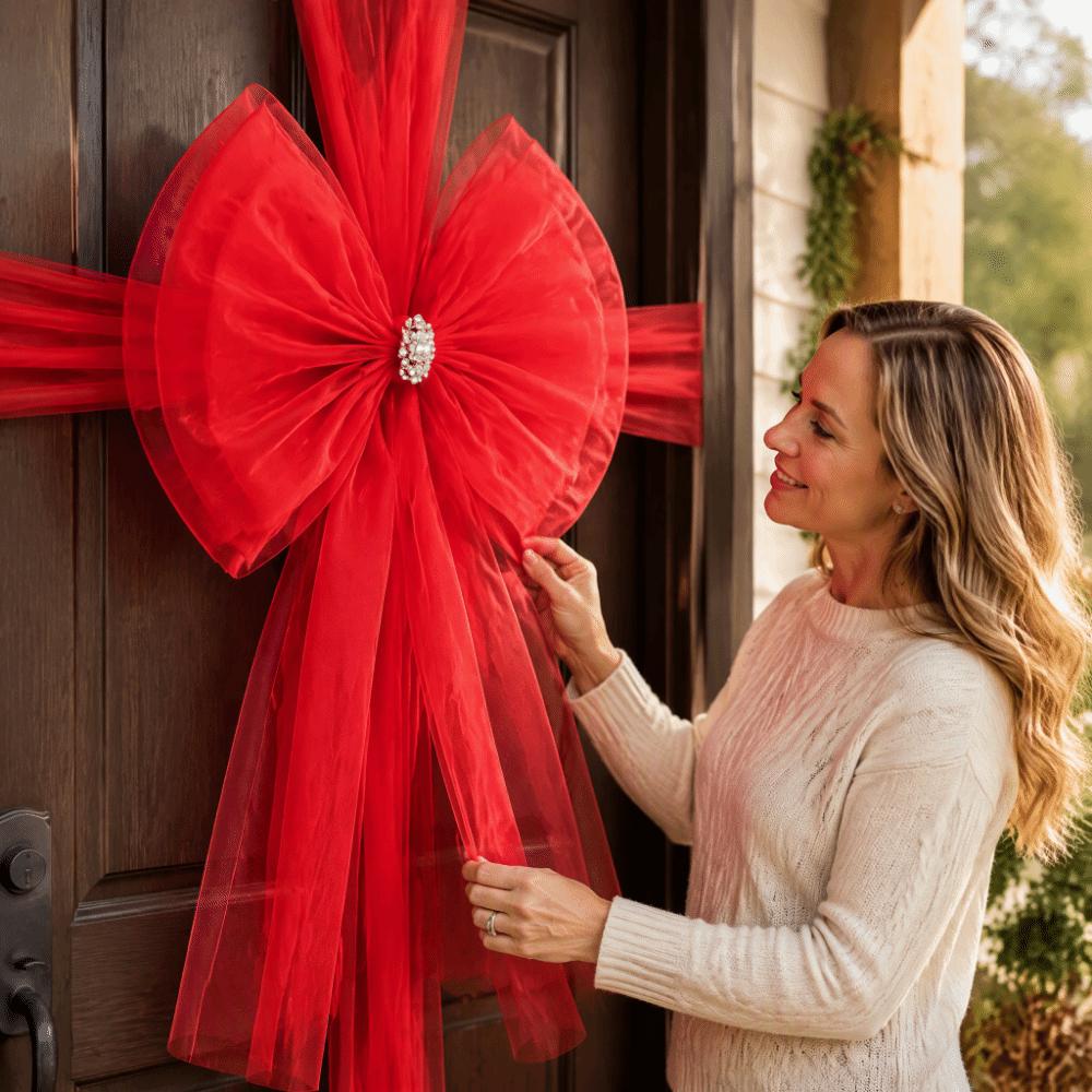 Large Size Christmas Door Bow Long Ribbon Large Ribbon Bow Decorative Door Bow  Home Decoration