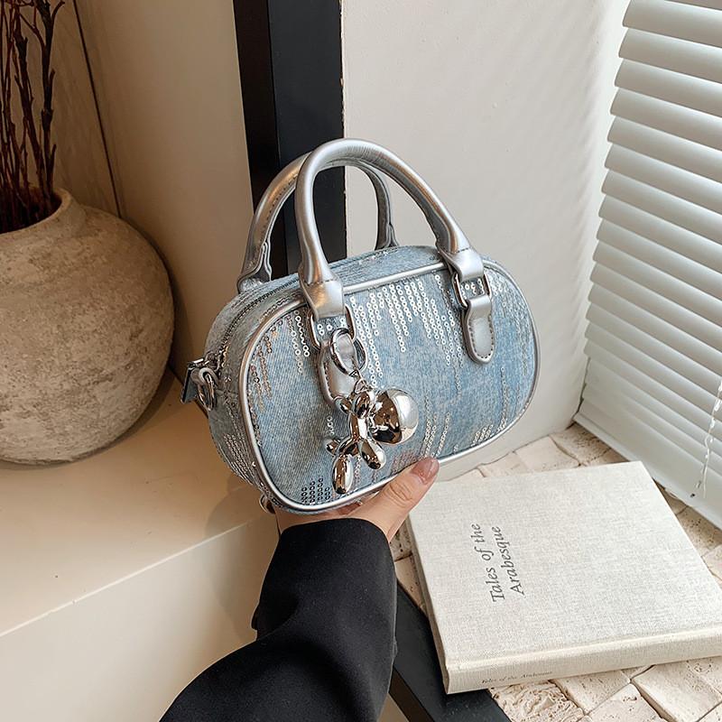IELGY Korean Style Denim Sequined Portable Bowling Bag Contrast Color One-Shoulder Messenger Small Square Bag