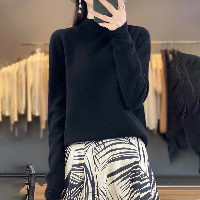 Women's Seamless Wool Sweater: Autumn/Winter Half-High Neck, Loose Fit, Knitted Base Layer